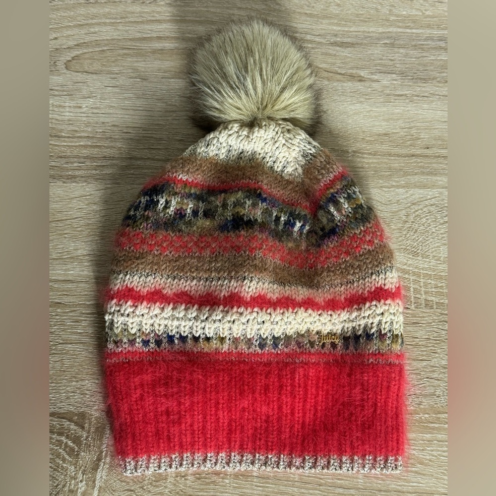 Juicy Couture Women One Size Multi-Colored Knit Wool Blend Beanie Hat Pom-Pom - Picture 13 of 13